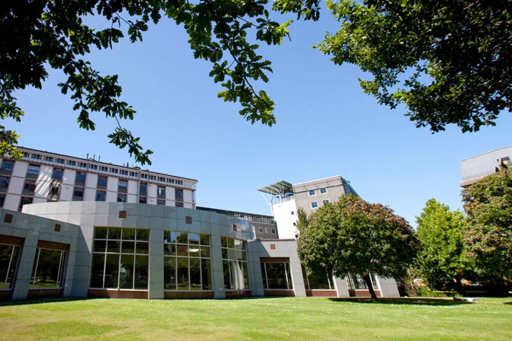 Central lecture theatres building view from undercroft landscape